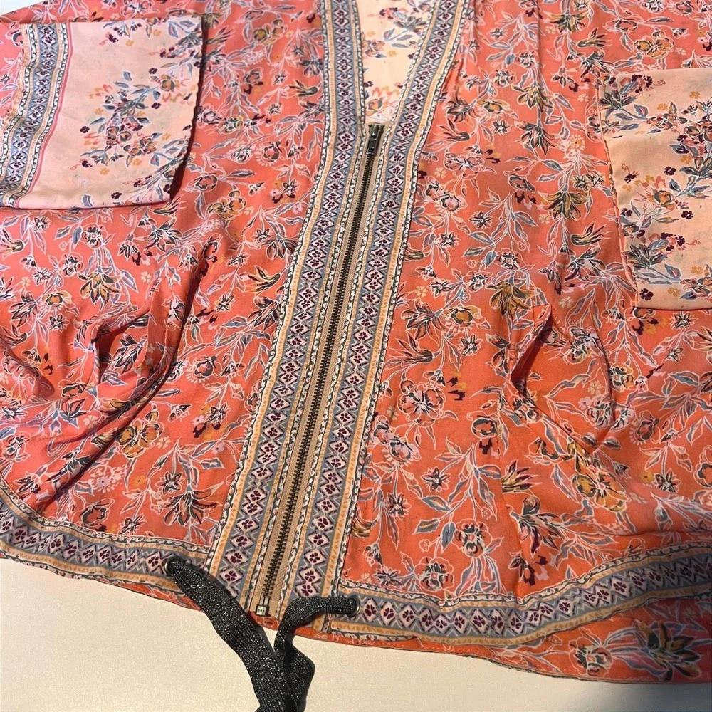 Free People Women XS/S Wildflower Kimono Jacket Boho Pink Orange Zip Up Relaxed
